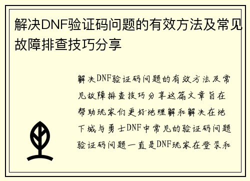 解决DNF验证码问题的有效方法及常见故障排查技巧分享